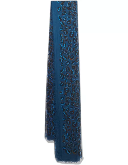 Fendi Blue Zucca Leopard Pattern Printed Modal & Silk Scarf