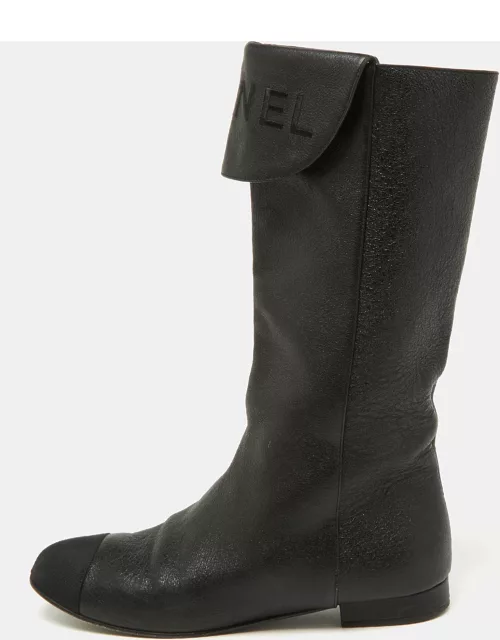 Chanel Black Leather and Grosgrain Mid Calf Boot