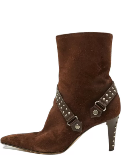 Sergio Rossi Brown Suede and Leather Studded Ankle Boot