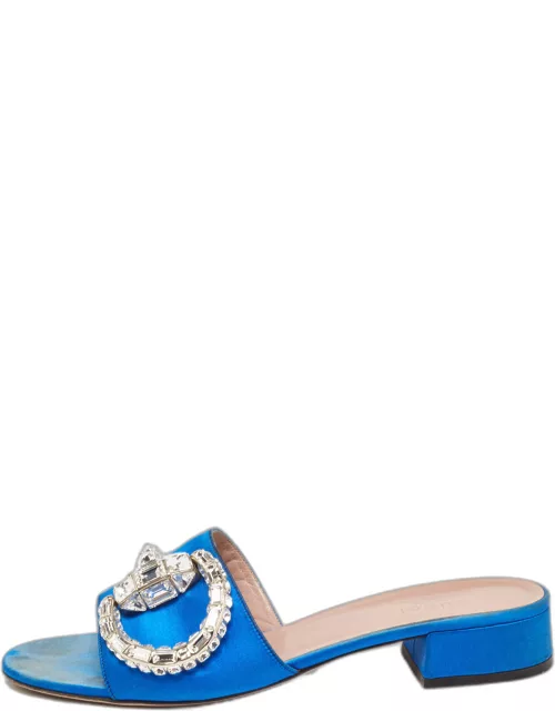 Gucci Blue Satin Crystal Horsebit Maxime Slide Sandal