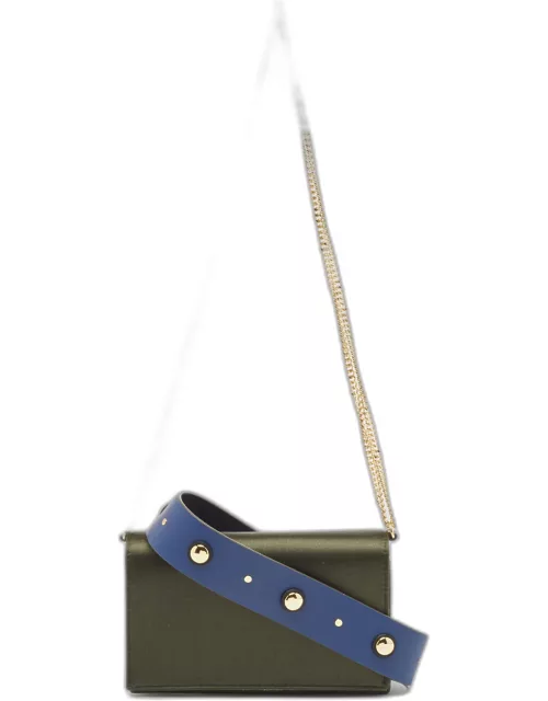 Diane Von Furstenberg Olive Green Satin and Leather Flap Chain Bag