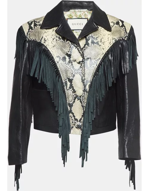 Gucci Black Python Embossed Fringed Leather Jacket