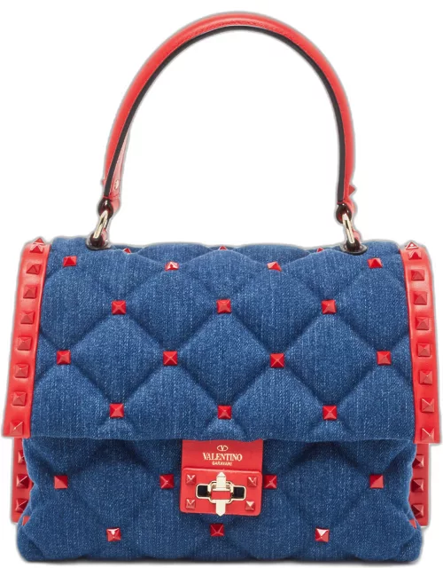 Valentino Blue/Red Denim and Leather Candystud Top Handle Bag