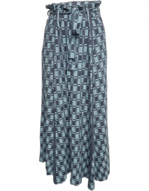 Kenzo Blue Monogram Pattern Knit Belted Midi Skirt