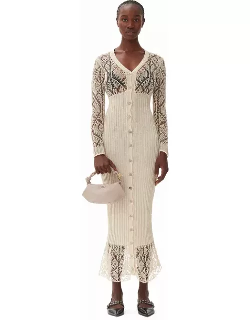GANNI Beige Cotton Lace Button Down Maxi Dress in White
