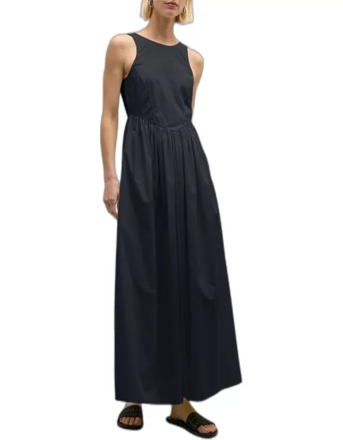 Sleeveless Ruched Cotton Poplin Maxi Dres