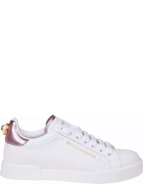 Dolce & Gabbana Portofino Sneakers In White Leather With Logo Pear