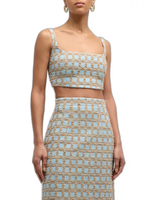 Lucilia Square-Neck Sleeveless Check Tweed Crop Top