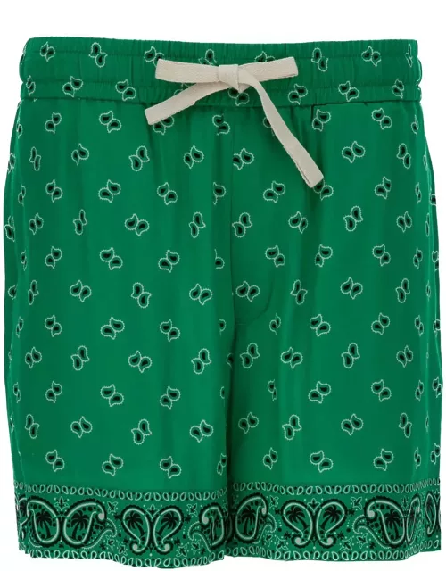 Palm Angels Green Paisley-print Shorts In Viscose Man