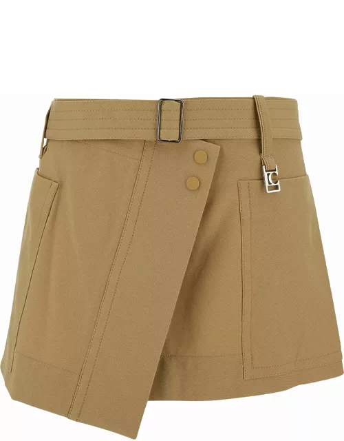 Low Classic Beige Asymmetric Mini-skirt With Logo Charm In Cotton Blend Woman