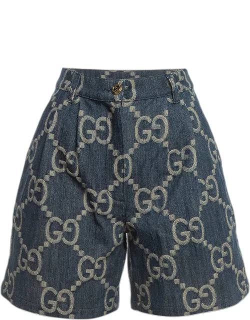 Gucci Dark Blue Jumbo GG Patterned Denim Pleated Shorts