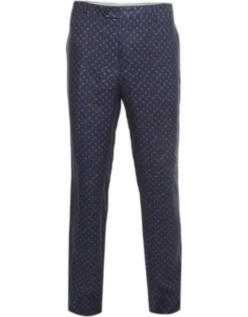 Etro Navy Blue Paisley Printed Linen Trouser