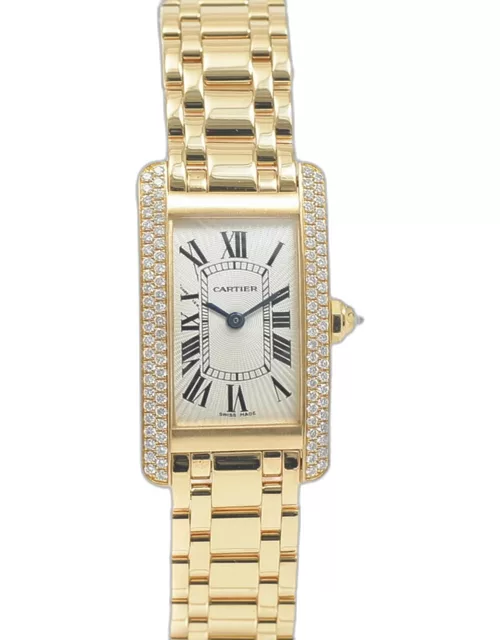 Cartier Silver Diamond 18k Yellow Gold Tank Americaine WB7012K2 Quartz Women's Wristwatch 19 m