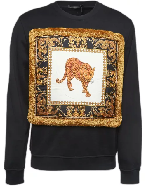 Versace Pillow Talk Black Leopard Print Applique Cotton Sweatshirt