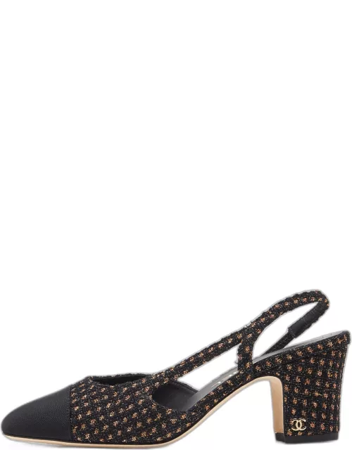 Chanel Black/Gold Tweed Grosgrain and Canvas Cap Toe Slingback Sandal