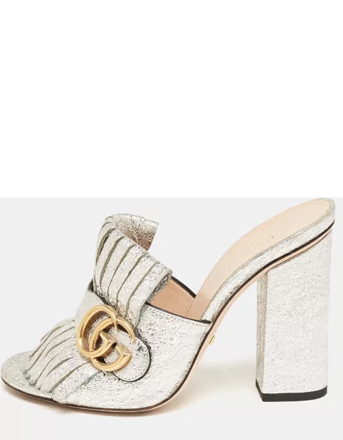 Gucci Silver Crackle Leather GG Marmont Fringed Slide Sandal