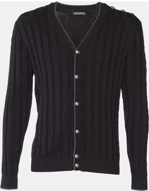 Balmain Black Ribbed Knit Button Front Cardigan
