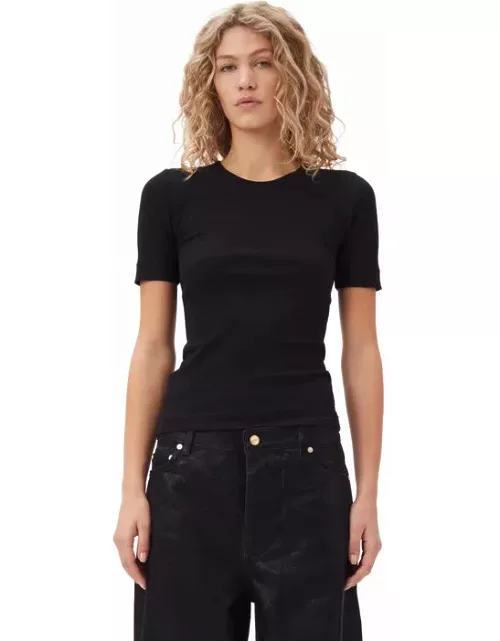 GANNI Soft Cotton Rib Short Sleeve T-Shirt in Black