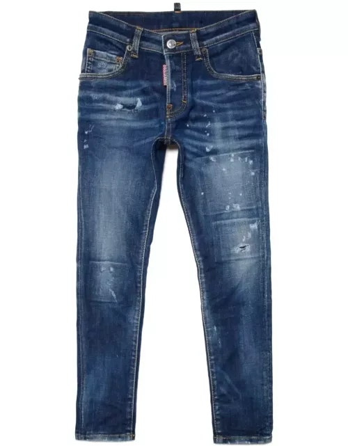 Dsquared2 Skater Skinny Jeans In Dark Blue Washed With Rip