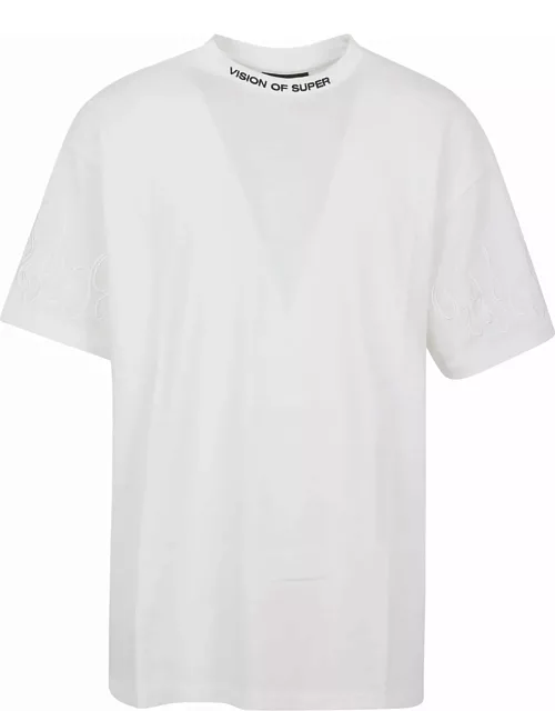 Vision of Super White Tshirt With White Embroidered Flame