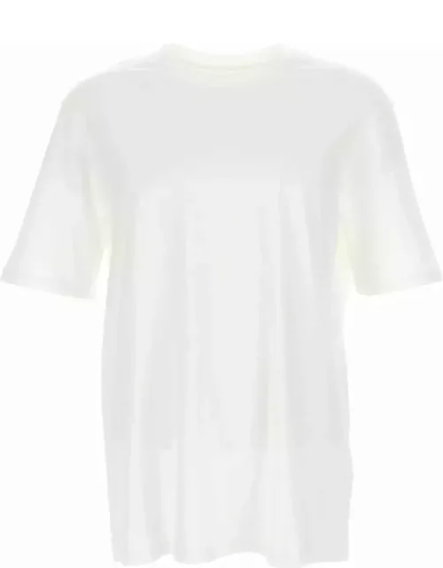 Jil Sander White Back Print Short-sleeved T-shirt In Cotton Man Paired With A Pink Long-sleeved Sheer T-shirt In Technical Fabric Man