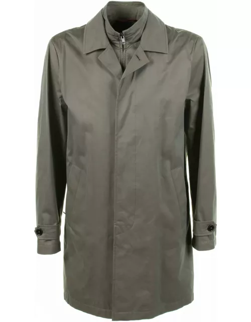 Fay Long Green Jacket With Zip And Collar