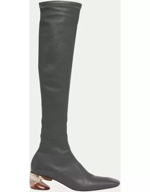Stretch Leather Clear-Heel Thigh Boot