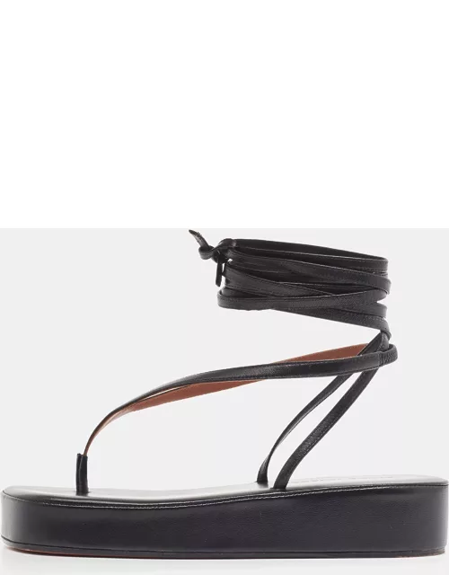 Amina Muaddi Black Leather Jamie Platform Ankle Wrap Sandal