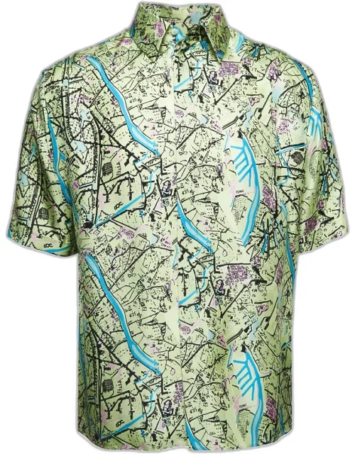 Fendi Green Map Print Silk Twill Short Sleeve Shirt