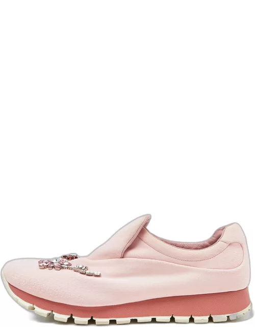 Prada Pink Neoprene Crystal Embellished Slip On Sneaker
