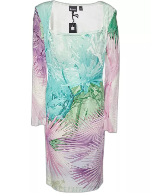 Just Cavalli Multicolor Tropical Print Jersey Off-Shoulder Dress