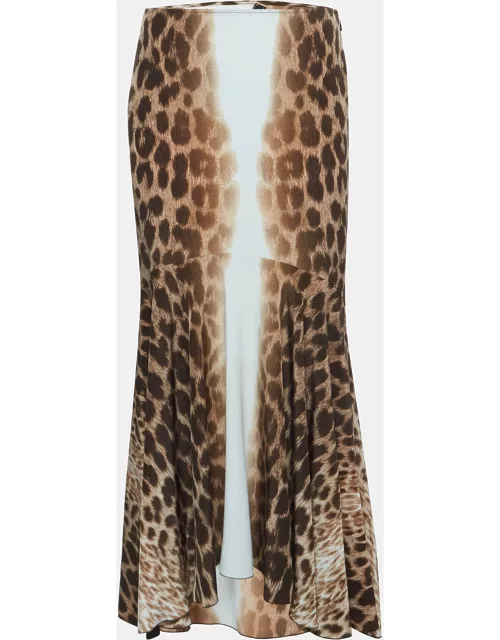 Just Cavalli Brown Leopard Print Crepe Asymmetric Midi Skirt