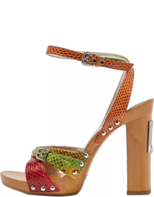 Dolce & Gabbana Multicolor Watersnake Leather Block Heel Strappy Sandal