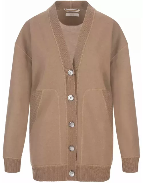 Fedeli Maxi Cardigan With Buttons In Camel Cashmere
