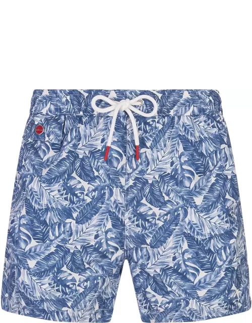 Kiton White Swim Shorts With Blue Foliage Print