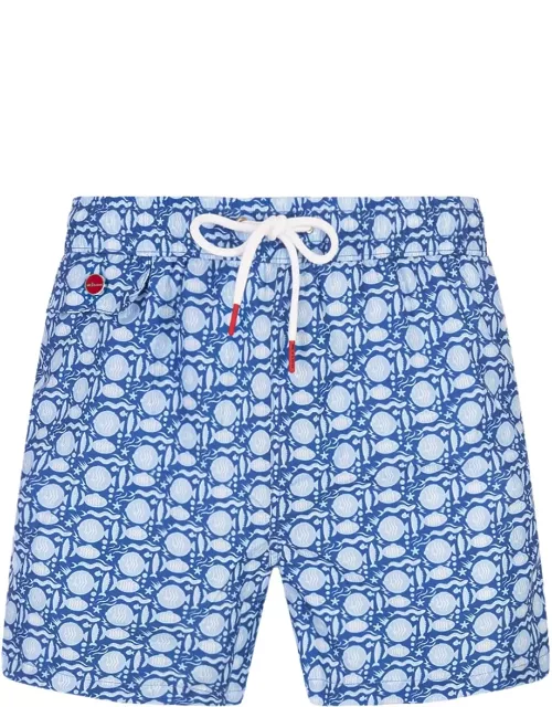Kiton Blue Swim Shorts With Fish Pattern