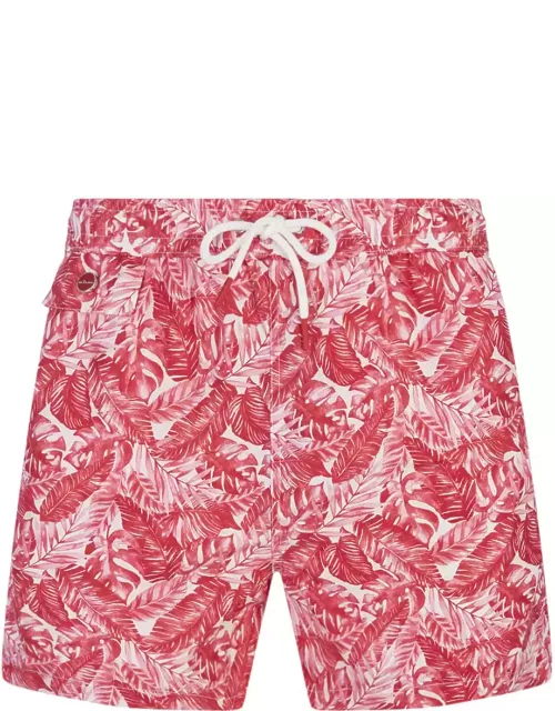 Kiton White Swim Shorts With Pink Foliage Print