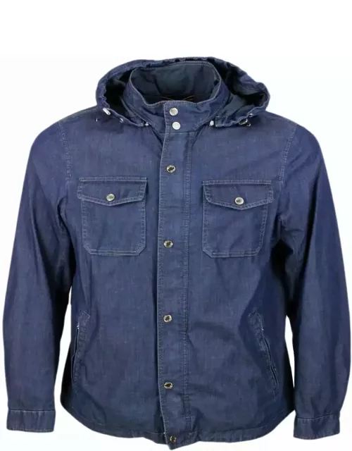 Moorer Anorak Shirt Jacket From The Water Proof Line With 2 Umbrellas With Detachable Hood In Light And Soft Denim-effect Smooth Menbrazed Fabric