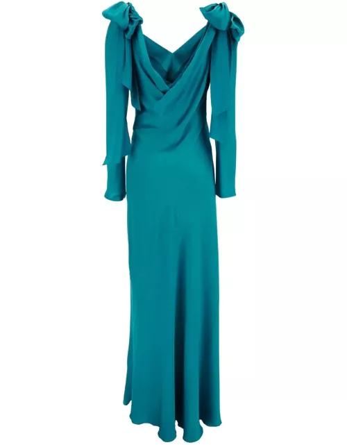 Alberta Ferretti Maxi Blue Dress With Cut-out And Surplice Neck In Satin Woman