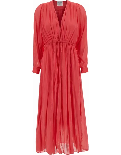 Forte_Forte Long Dark Orange Pleated Dress With Drawstring In Cotton And Silk Woman