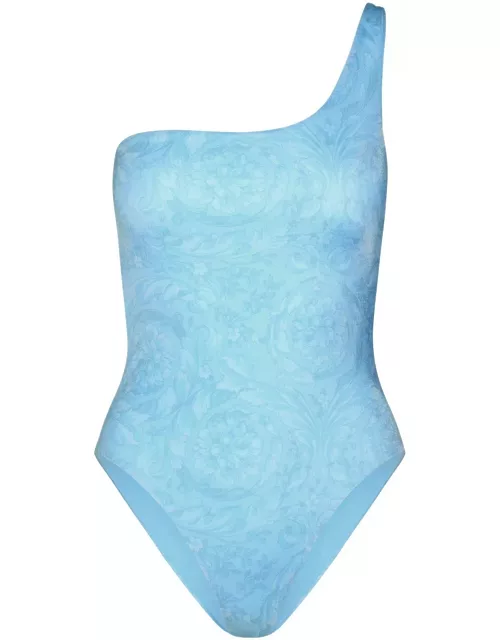 Versace Asymmetric barocco One-piece Swimsuit In Light Blue Polyester Blend