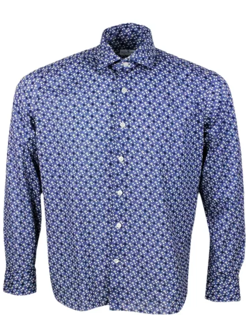 Sonrisa Luxury Shirt In Soft, Precious And Very Fine Stretch Cotton Flower With Spread Collar In Small Micro-pattern Print With Small Triangles.