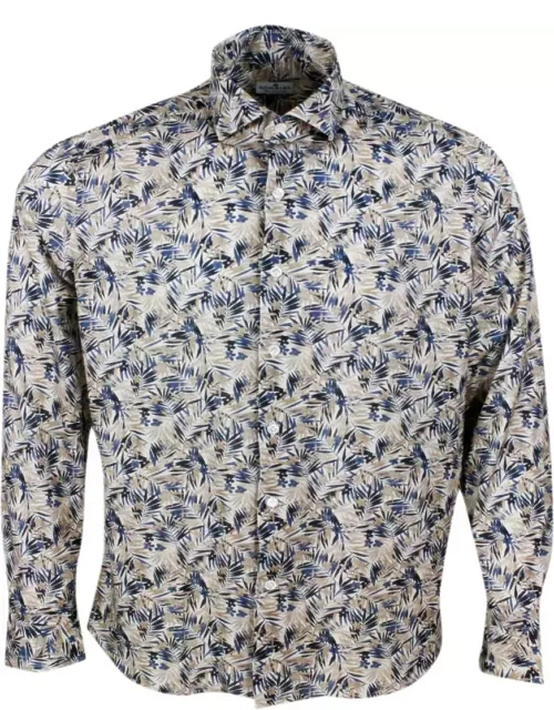 Sonrisa Luxury Shirt In Soft, Precious And Very Fine Stretch Cotton Flower With Spread Collar In Fern Print