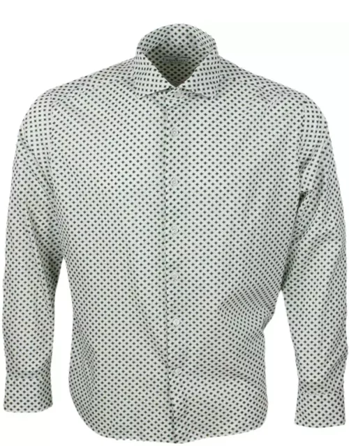 Sonrisa Luxury Shirt In Soft, Precious And Very Fine Stretch Cotton Flower With French Collar In A Small Four-leaf Clover Micro-pattern Print