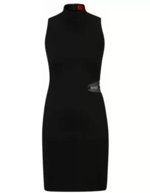 Mock-neck sleeveless dress with mesh and logo- Black Women's Day Dresse