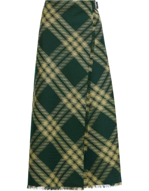 Burberry Check Printed Frayed-edge Midi Skirt