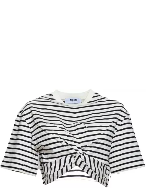 MSGM Twist-detailed Striped Cropped T-shirt