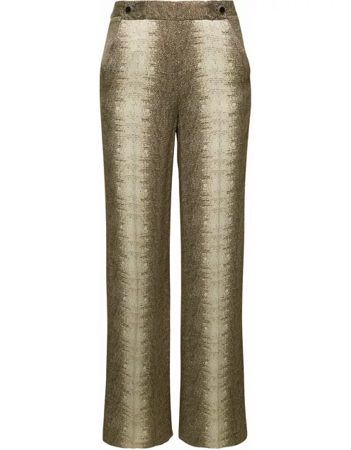 TwinSet Beige High-waisted Pants With Animalier Print In Viscose Woman