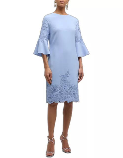 Lace-Trim Bell-Sleeve Crepe Midi Dres