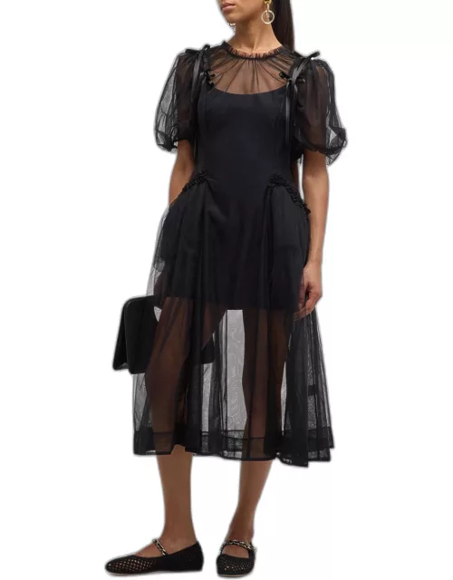 Puff-Sleeve Bow Ruched Bite-Cutout Tulle Midi Dres